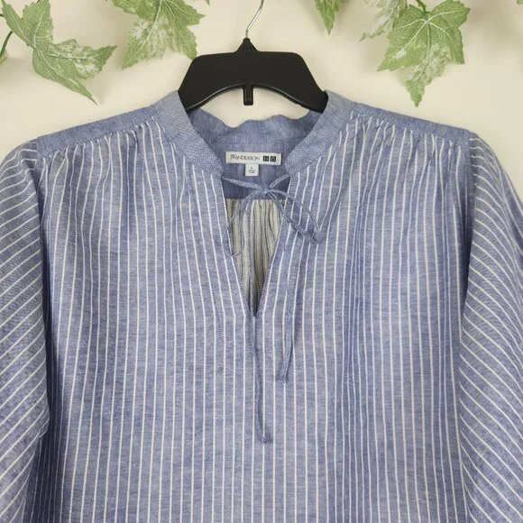 JW Anderson Uniqlo Sz L Linen Blend Boho Blue White Striped Tie Neck Top Blouse - Picture 2 of 7
